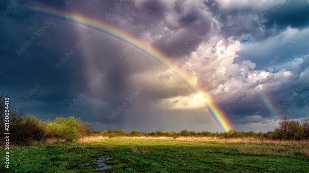 Naklejka premium dramatic rainbow over a meadow after a storm
