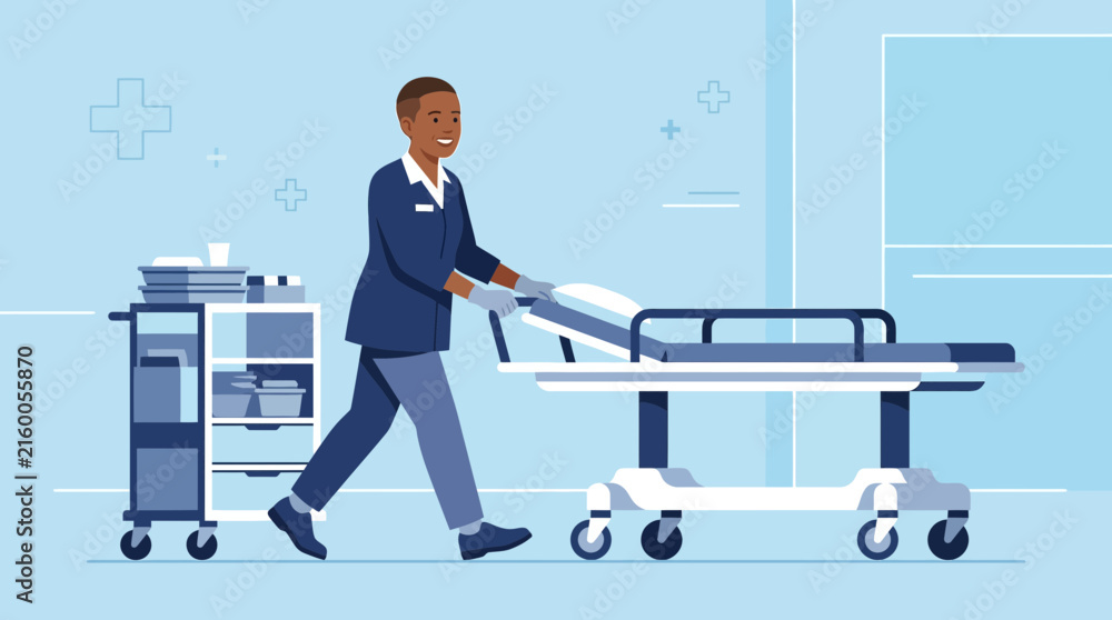 Fototapeta premium Hospital worker pushes empty stretcher, medical transport, healthcare scene
