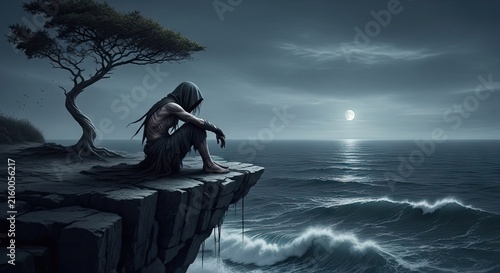 Solitary figure sitting on cliff edge above stormy ocean.