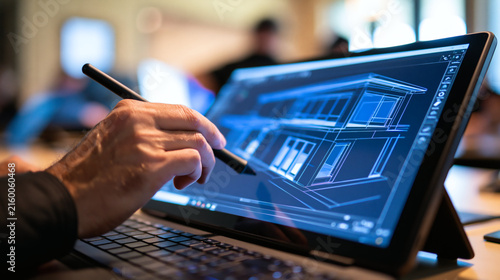 Architectural Design on Tablet: A close-up of a hand using a stylus to interact with a 3D architectural model of a modern house displayed on a tablet computer.
