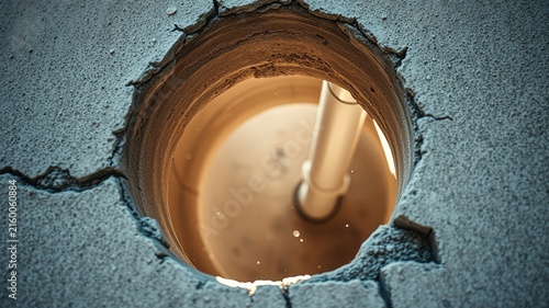 A circular opening in a concrete wall reveals a pipe, casting a dim light onto the rough surface below.