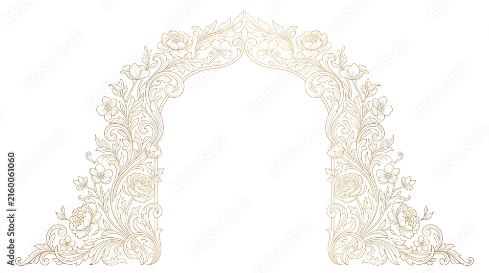 Naklejka premium Elegant golden floral arch frame with intricate vintage botanical ornaments