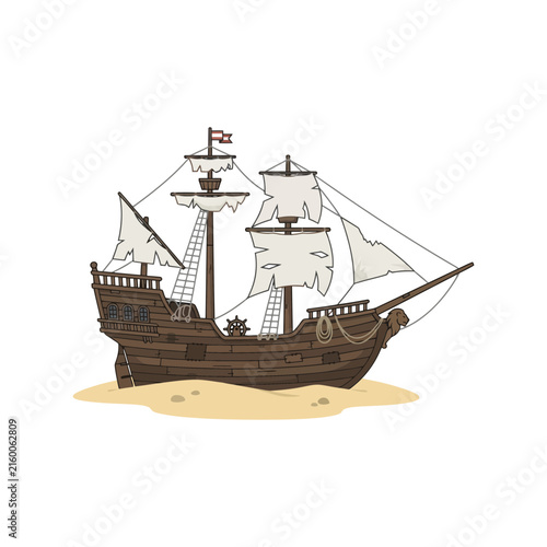 Canvas Print Small old wooden sailing ship with white sails on a sandy beach Vector