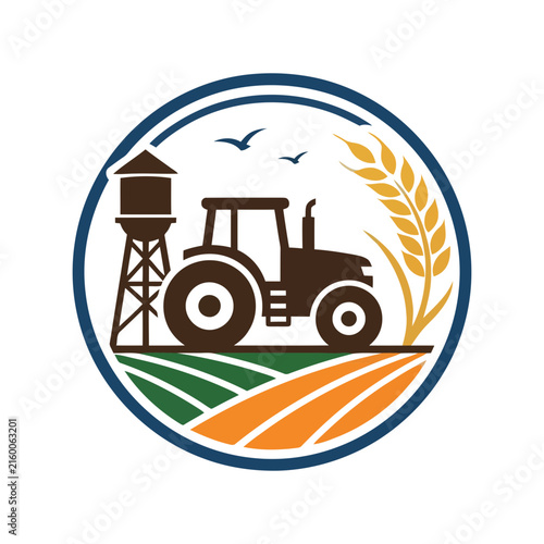 Bild auf Leinwand Circular farm logo with tractor water tower and wheat stalk in a colorful flat v