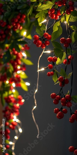 Twinkling fairy lights woven through a garland of red berries and green leaves,  berry,  decoration