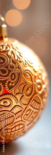 A close-up of a golden bauble with intricate patterns, shimmering in soft light, bauble,  luxury