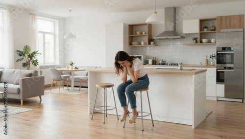 Young woman holding her neck in pain and discomfort at home, grimacing from neck ache and tension while seeking relief and self-care in a bright modern living space