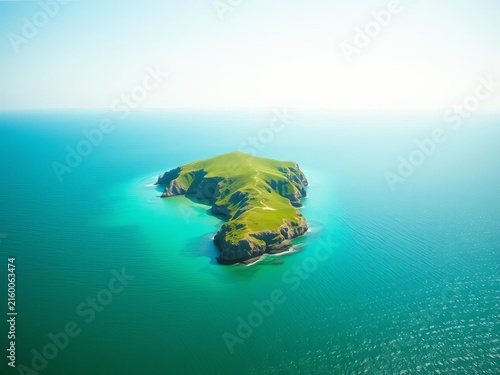 Isolated emerald isle, sun-bleached and dream-kissed, seen askew ,  distant,  sunrise