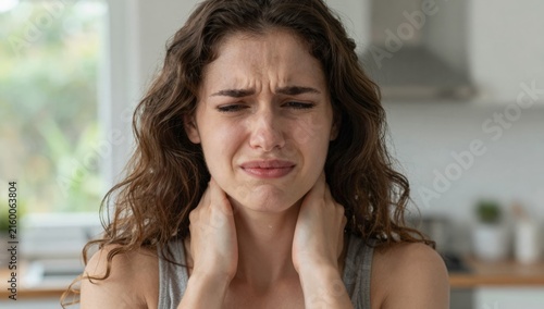 Young woman holding her neck in pain and discomfort at home, grimacing from neck ache and tension while seeking relief and self-care in a bright modern living space