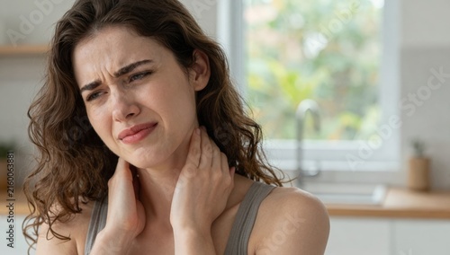 Young woman holding her neck in pain and discomfort at home, grimacing from neck ache and tension while seeking relief and self-care in a bright modern living space