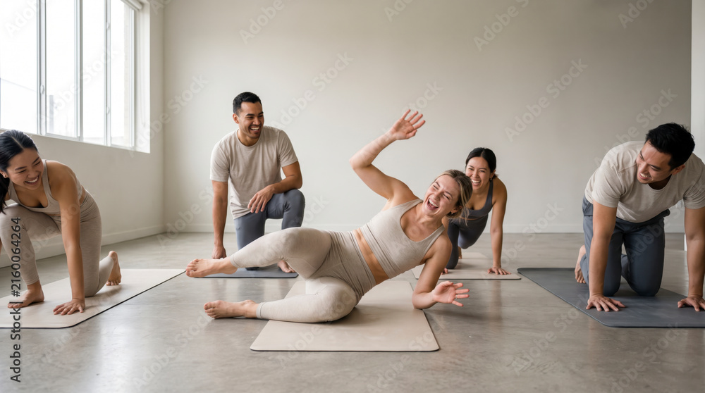 © Rendara Studio - Playful woman falling backward during a group pilates class in a studio © Rendara Studio - Playful woman falling backward during a group pilates class in a studio
