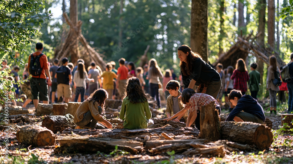 Fototapeta premium A troop of summer campers crowds a forest clearing during early autumn, children mid reinvention activity building shelters, a middle aged returning counselor working alongside them in an outdoor na