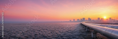 District heating pipes running across a frosty field at sunrise. Large insulated pipelines with a city skyline in the background. Wide banner format