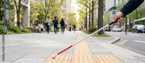 Person using a white cane on a tactile paving surface. Visually impaired pedestrian navigating a city sidewalk. International White Cane Day and urban accessibility concept