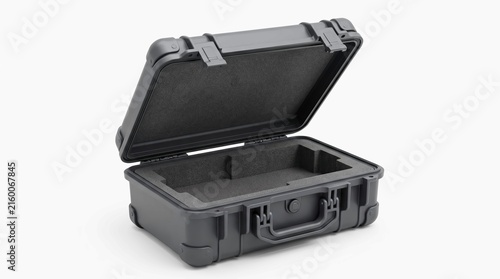 Rugged protective storage case with open lid and interior foam padding isolated on a clean white background for professional equipment