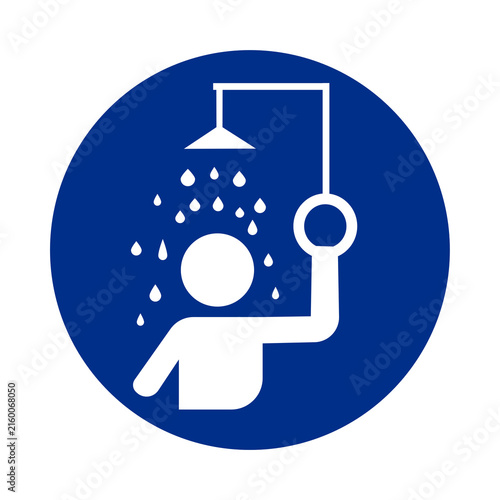 Emergency safety shower sign, industrial decontamination station blue vector icon