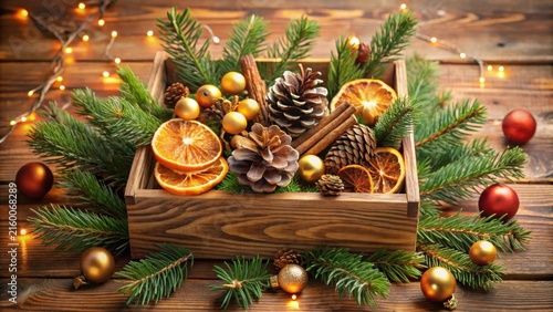 Rustic Wooden Box Overflowing with Festive Winter Decor, Featuring Pine Cones, Dried Citrus Slices, Cinnamon Sticks, and Sparkling Ornaments Surrounded by Evergreen Branches and Twinkling Lights