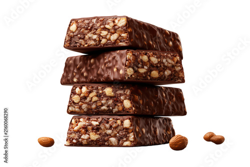 Stacked chocolate protein bars with almonds isolated on transparent background for fitness marketing