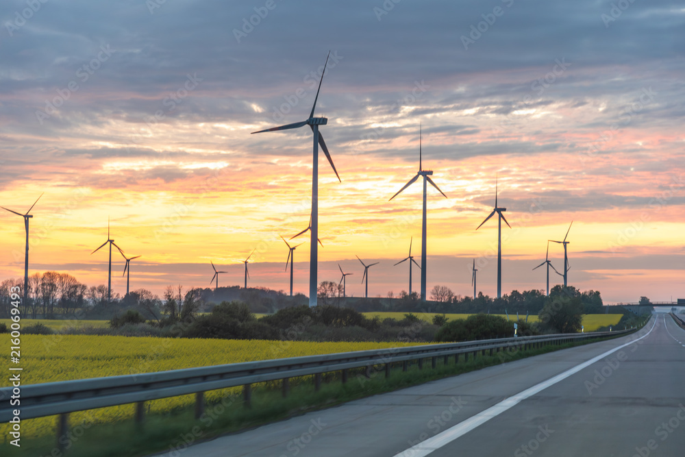 Fototapeta premium Wind turbines near rural highway. Renewable energy and infrastructure content.