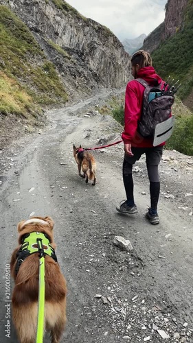 Man with dreadlocks hikes with two dogs along a rocky trail in Truso Valley, Georgia. Mountain scenery represents adventure, travel and active outdoor lifestyle