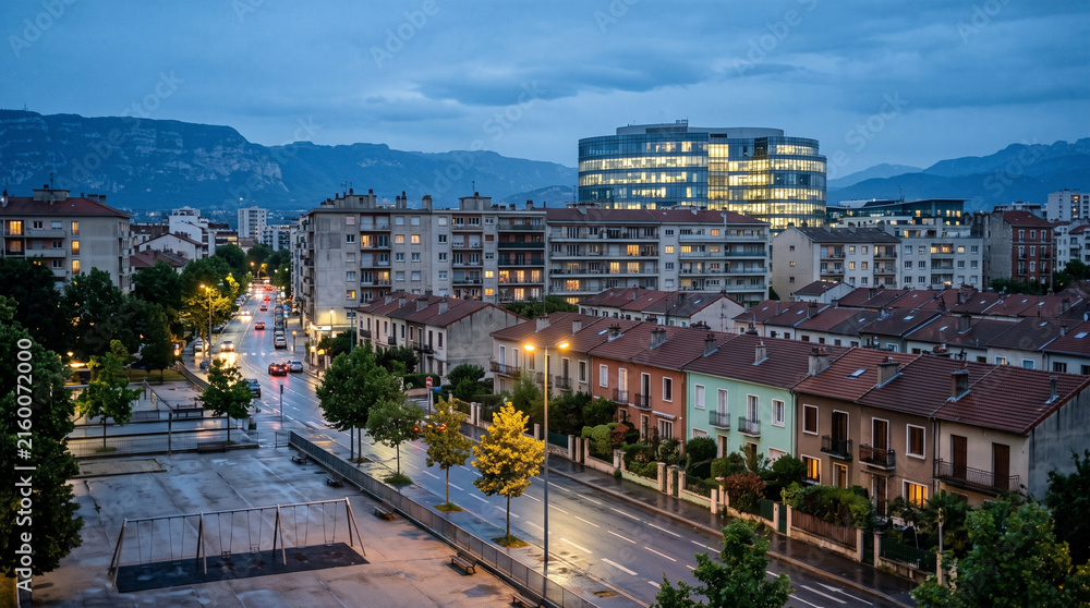 Fototapeta premium City street with residential buildings and modern office block at dusk. Urban neighborhood with illuminated windows and wet road during twilight