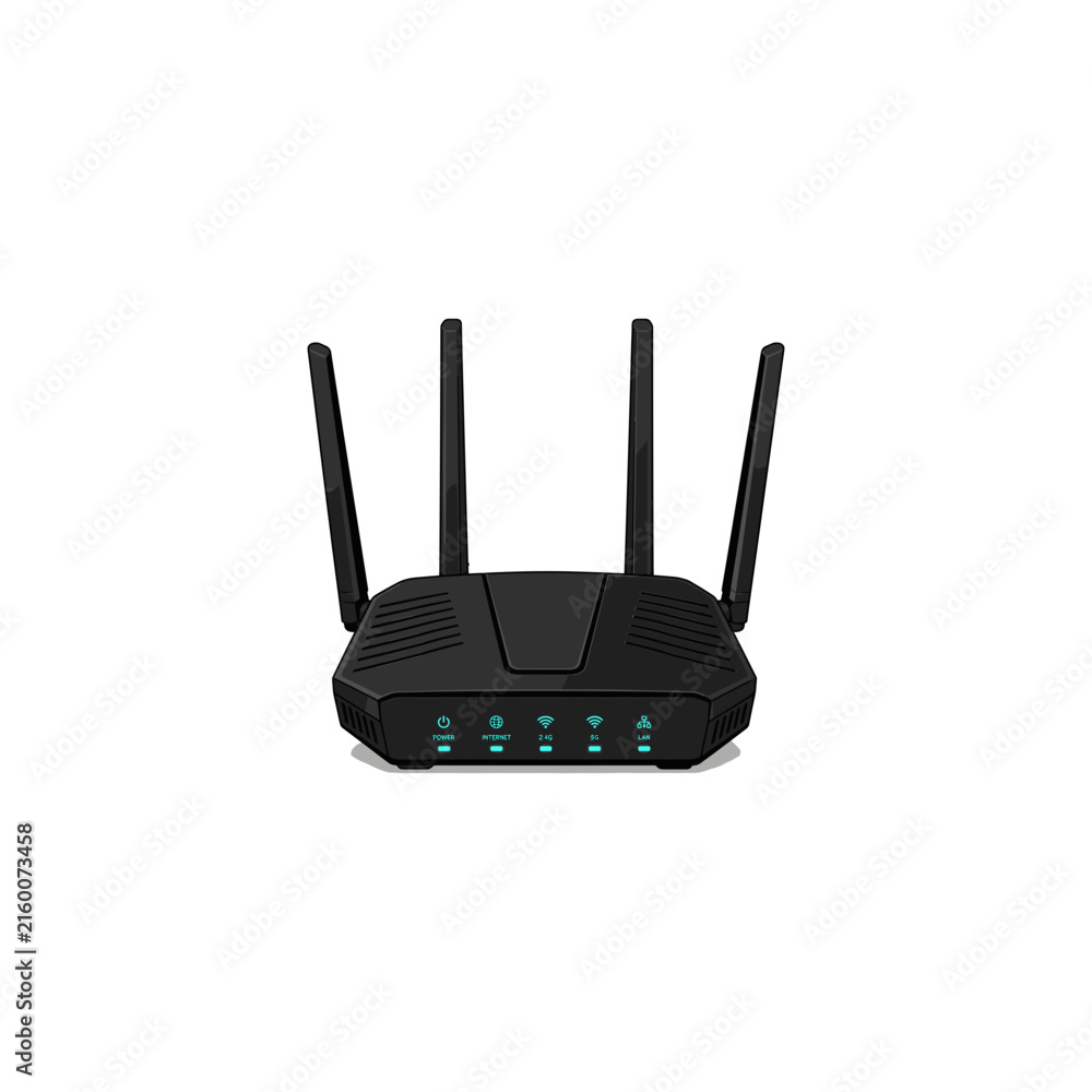 Fototapeta premium Modern black wireless wi-fi router with four antennas and LED indicator lights isolated on a white background