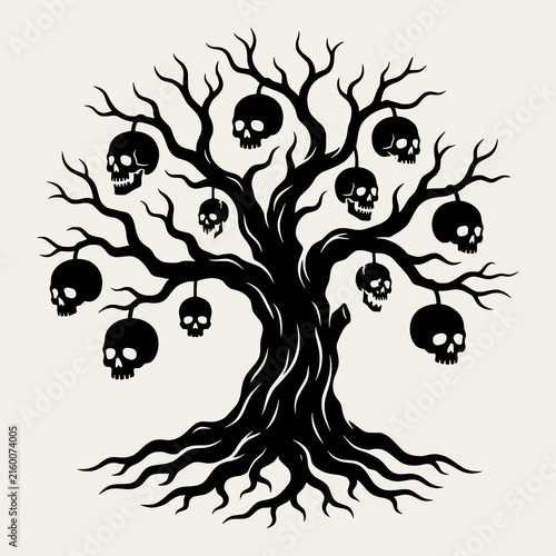 Creepy tree with skulls hanging for halloween spooky theme.