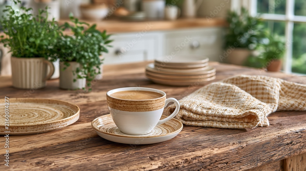 Fototapeta premium Cozy Rustic Kitchen Scene with Coffee Cup, Plates, and Green Plants on Wooden Table