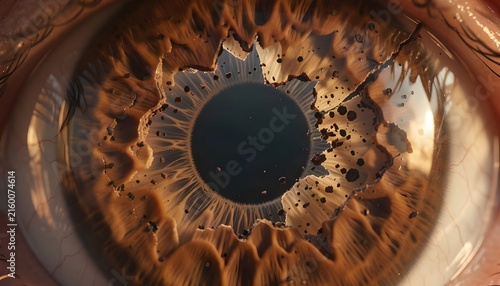 Abstract macro view inside an eye representing macular degeneration, with jagged pigment breakdown, dark cellular fragments, watery vitreous fluid, and fading warm light.