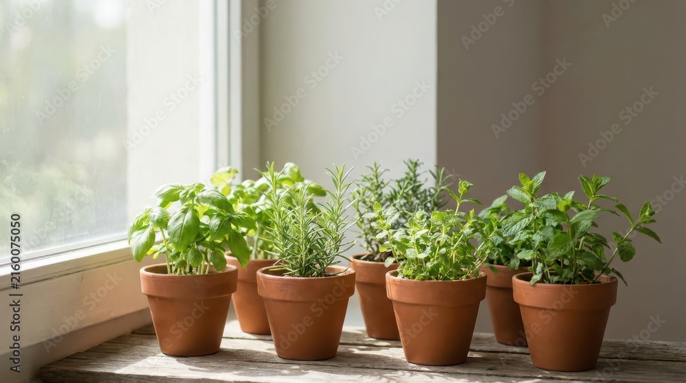 Fototapeta premium A collection of potted herbs and plants sit on a windowsill bathed in soft sunlight