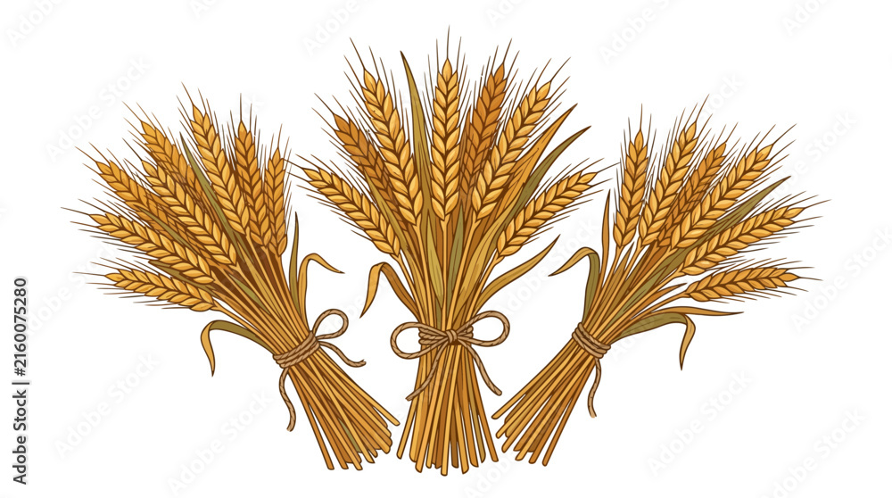 Fototapeta premium Three Tied Bundles of Golden Wheat Ears Illustration
