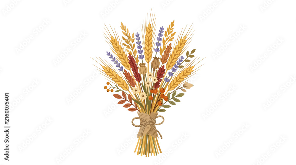 Fototapeta premium Harvest Bouquet with Wheat and Lavender Isolated