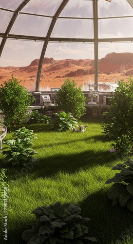 Cinematic interior of a futuristic Mars colony greenhouse with lush green grass and a red planet landscape view