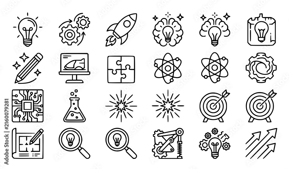 Fototapeta premium Innovation and Creative Thinking Icon Collection Featuring Light Bulbs Gears Rockets Science Atom Ideas Targets and Technology Symbols