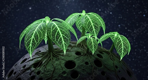 Obraz na płótnie Glowing Green Plants Growing From Alien Planet Surface