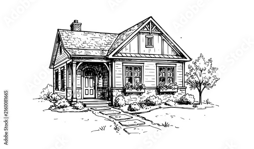 Realistic Cottage House Whiteboard Sketch with Porch and Garden