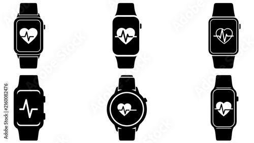 Smartwatch fitness health monitoring icons with heart rate and pulse display in minimal dark silhouette design