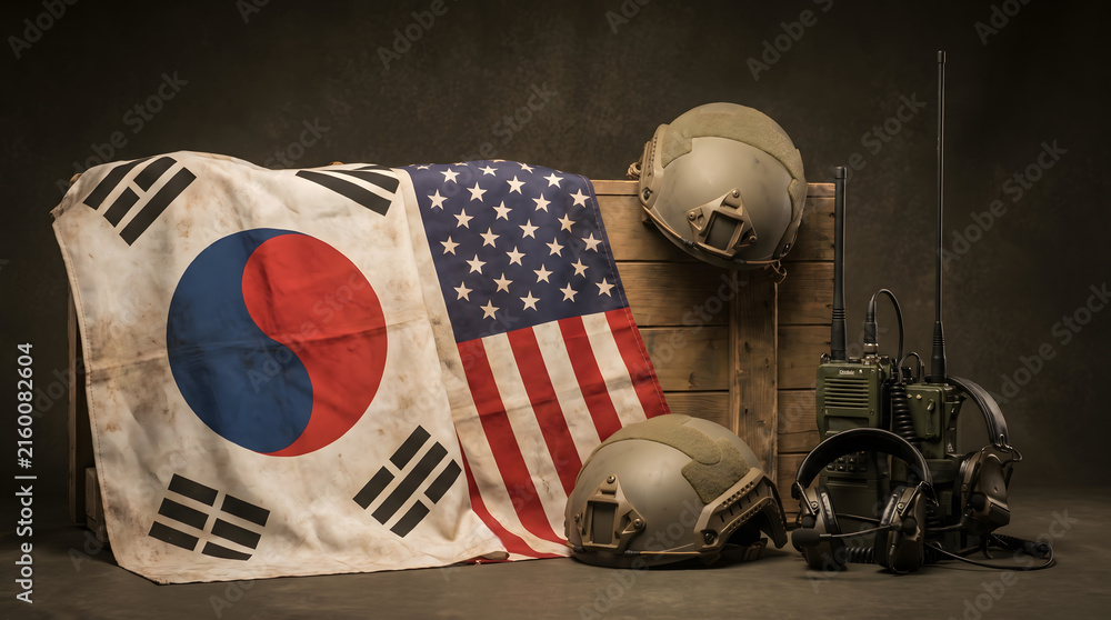 Naklejka premium Usa and south korea flags with tactical military helmets and radio communication equipment on wooden crate