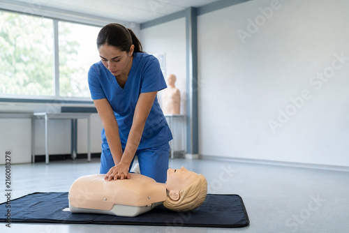 Healthcare professional practicing CPR on training mannequin