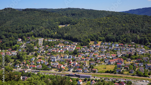 View from Dilsberg Castle of the municipality of Dilsberg, Neckargemünd; aerial view, Baden-Württemberg, Germany.