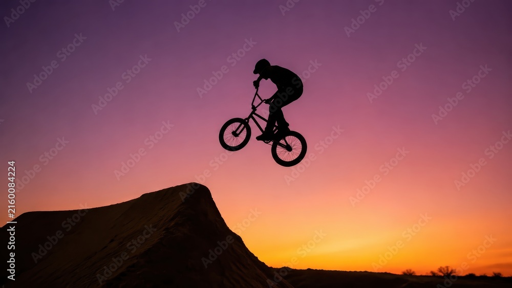 Fototapeta premium BMX rider silhouetted mid jump over dirt ramp at dusk