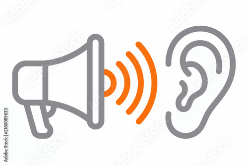 Megaphone announcing sound waves to human ear for communication and advertising vector illustration