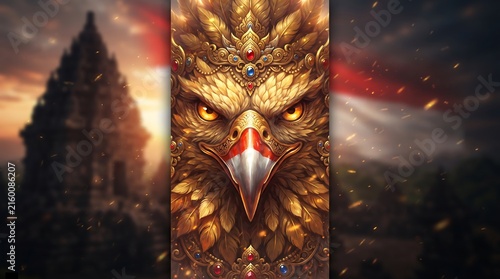 Ornate golden mythical bird with gem headdress and red beak. Hazy ancient ruins, warm sky, and glowing sparks in a fantasy style.