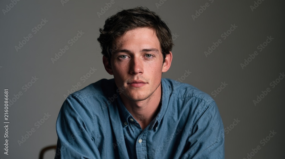 Fototapeta premium Calm male portrait: brunette in blue shirt seated before a grey background with contemplative gaze
