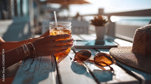 Hands hold an iced drink beside sunglasses and a sun hat on a wooden beach cafe table, perfect for travel blog, lifestyle banner