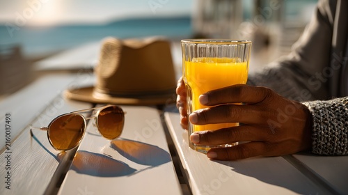 Hands hold an iced drink beside sunglasses and a sun hat on a wooden beach cafe table, perfect for travel blog, lifestyle banner