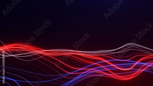 Flowing red, blue, and white neon waves on a dark background create an energetic futuristic tech backdrop.