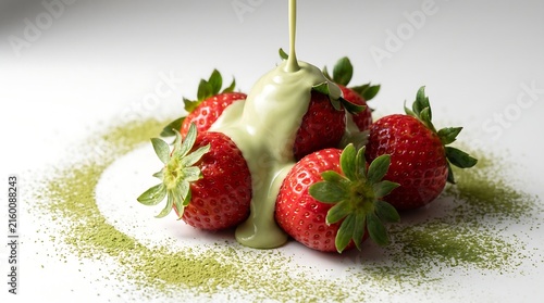 Fresh strawberries covered with matcha cream and powder