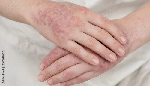 Close up of hands affected by chronic dermatitis or severe skin irritation
