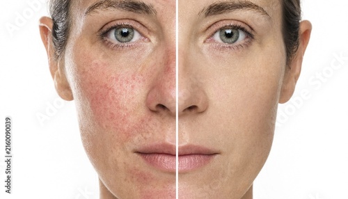 Split face view of a woman showing rosacea skin condition and healthy skin texture